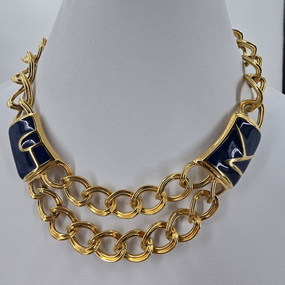 Vintage Monet Gold Tone Navy Blue Enamel Necklace and Clip On Earrings Set